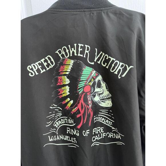 Ring Of Fire Black Back Graphic Skull Headdress Ribbed Cuffs Bomber Jacket Large - Picture 11 of 13